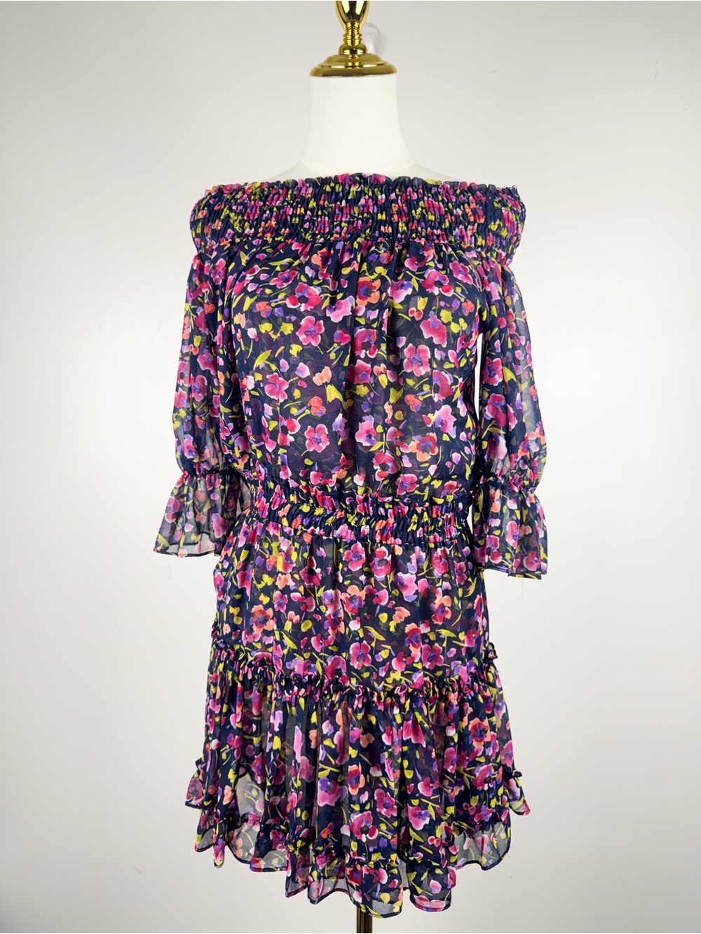 MISA Los Angeles Floral Smocked Off Shoulder Dress Large L Pink Navy Ruffle Mini